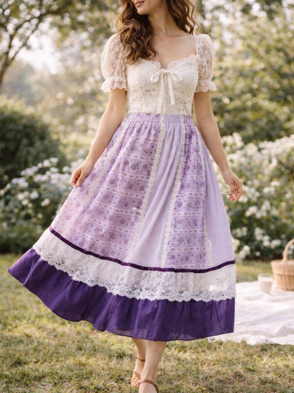 Vintage Prairie Midi Skirt Lace Patchwork Floral Coquette Romantic Cottagecore